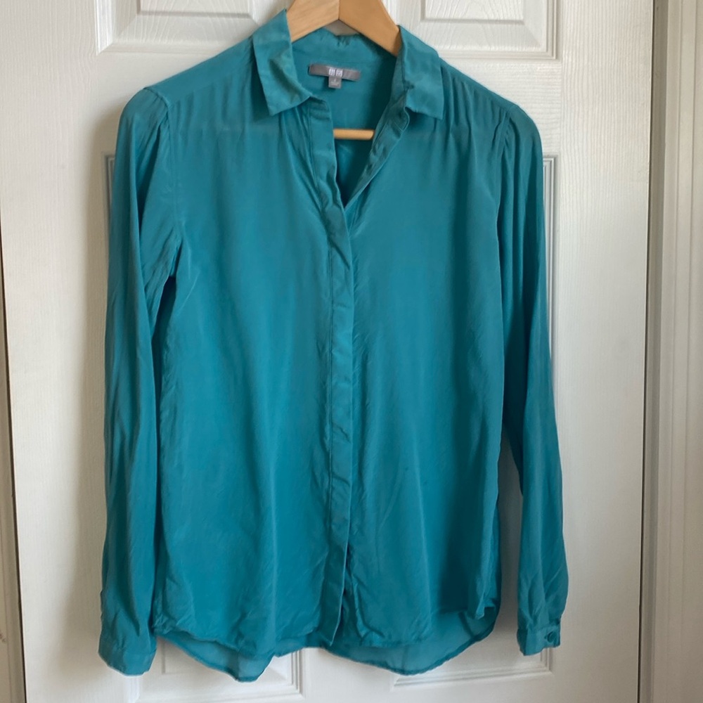 Uniqlo 100% silk shirt button down collared teal size small